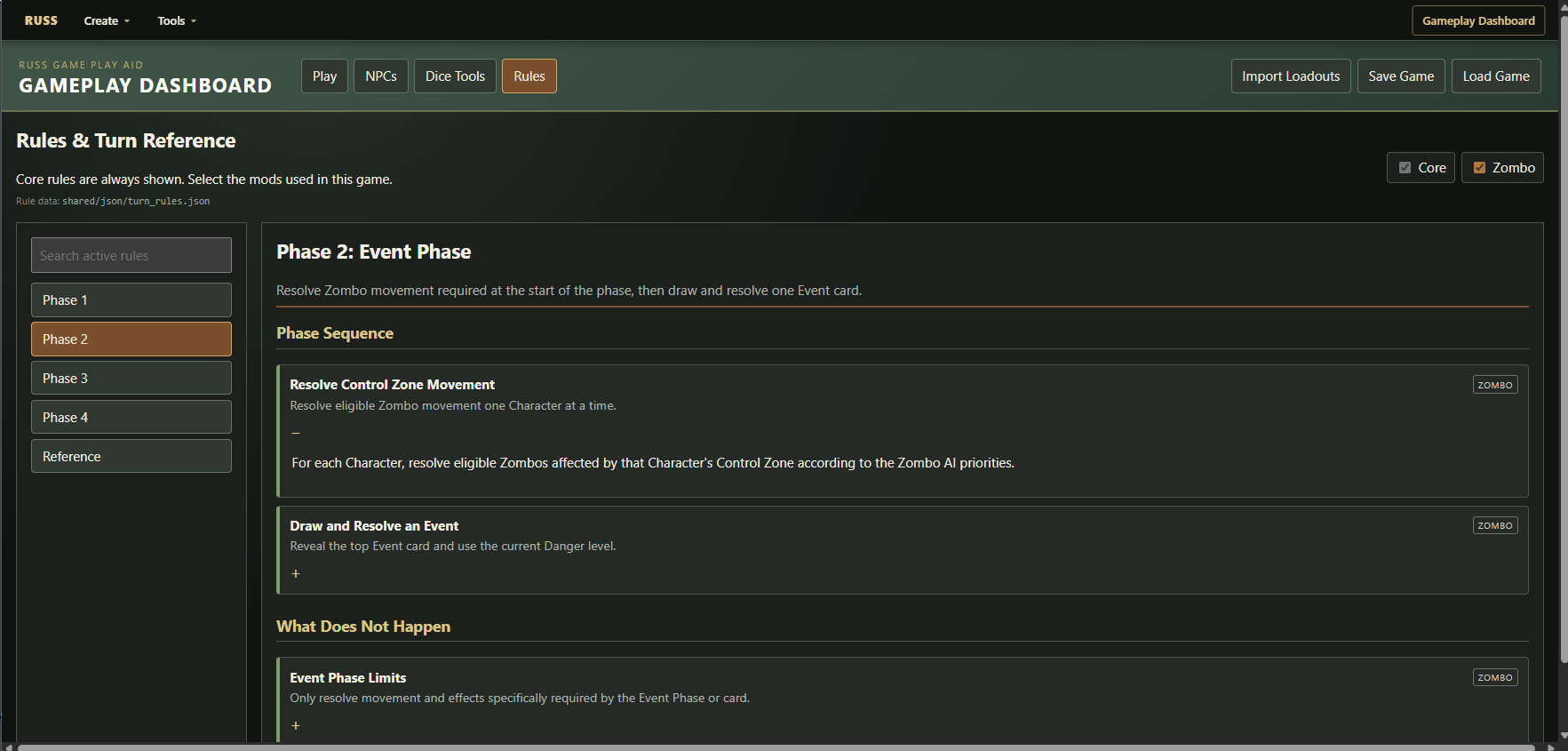 Rules and Turn Reference during dashboard play
